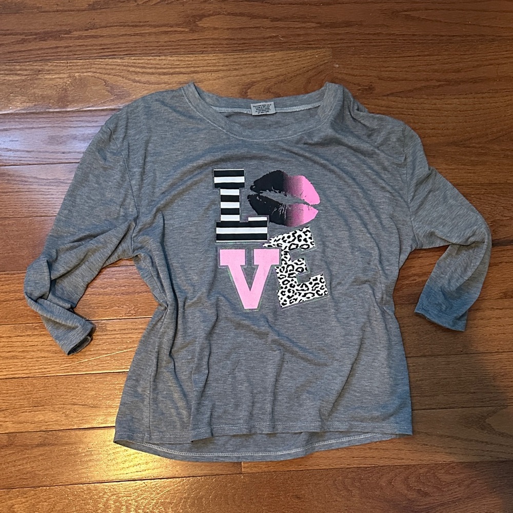 Firehouse Gray Long Sleeve Top with Pink Love Graphic